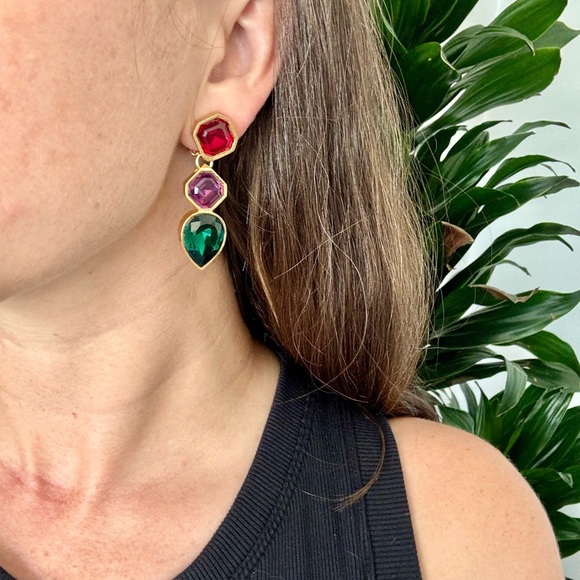 Vintage Jewel Clip On Earrings, Bohemian Vintage Dangle Earrings - Picture 3 of 6